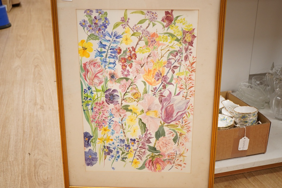 Elizabeth Jane Lloyd (1928-1995), Two watercolours from the garden calendar, comprising March and April, exhibited at Royal Botanic Gardens, Kew 1991 with paperwork, each 53 x 36cm
